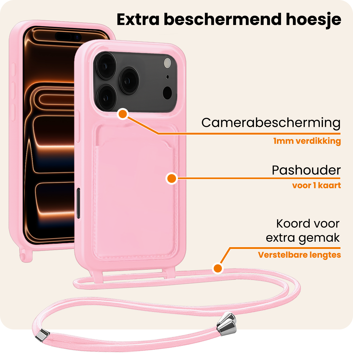 Nomfy Nomfy iPhone 17 Pro Max Hoesje Pashouder met Koord Met 2x Screenprotector - Lichtroze