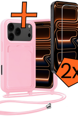 Nomfy Nomfy iPhone 17 Pro Max Hoesje Pashouder met Koord Met 2x Screenprotector - Lichtroze