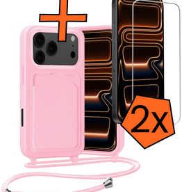Nomfy Nomfy iPhone 17 Pro Max Hoesje Pashouder met Koord Met 2x Screenprotector - Lichtroze