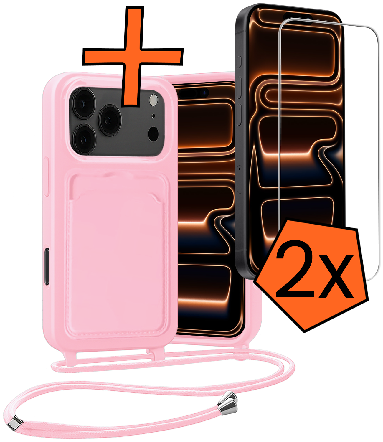 Nomfy Nomfy iPhone 17 Pro Max Hoesje Pashouder met Koord Met 2x Screenprotector - Lichtroze