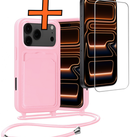 Nomfy Nomfy iPhone 17 Pro Max Hoesje Pashouder met Koord Met Screenprotector - Lichtroze