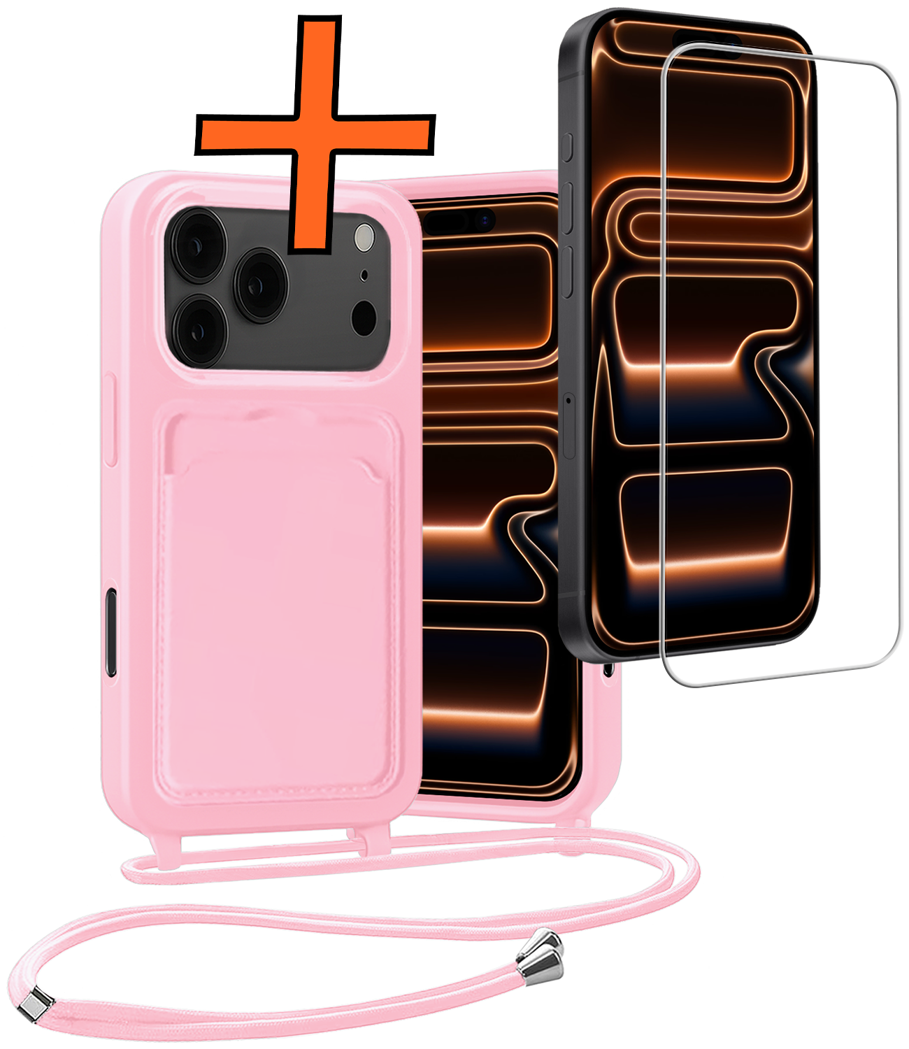 Nomfy Nomfy iPhone 17 Pro Max Hoesje Pashouder met Koord Met Screenprotector - Lichtroze