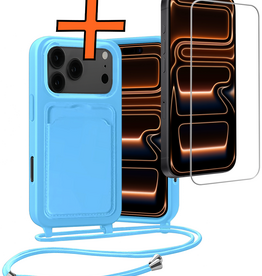 Nomfy Nomfy iPhone 17 Pro Max Hoesje Pashouder met Koord Met Screenprotector - Lichtblauw