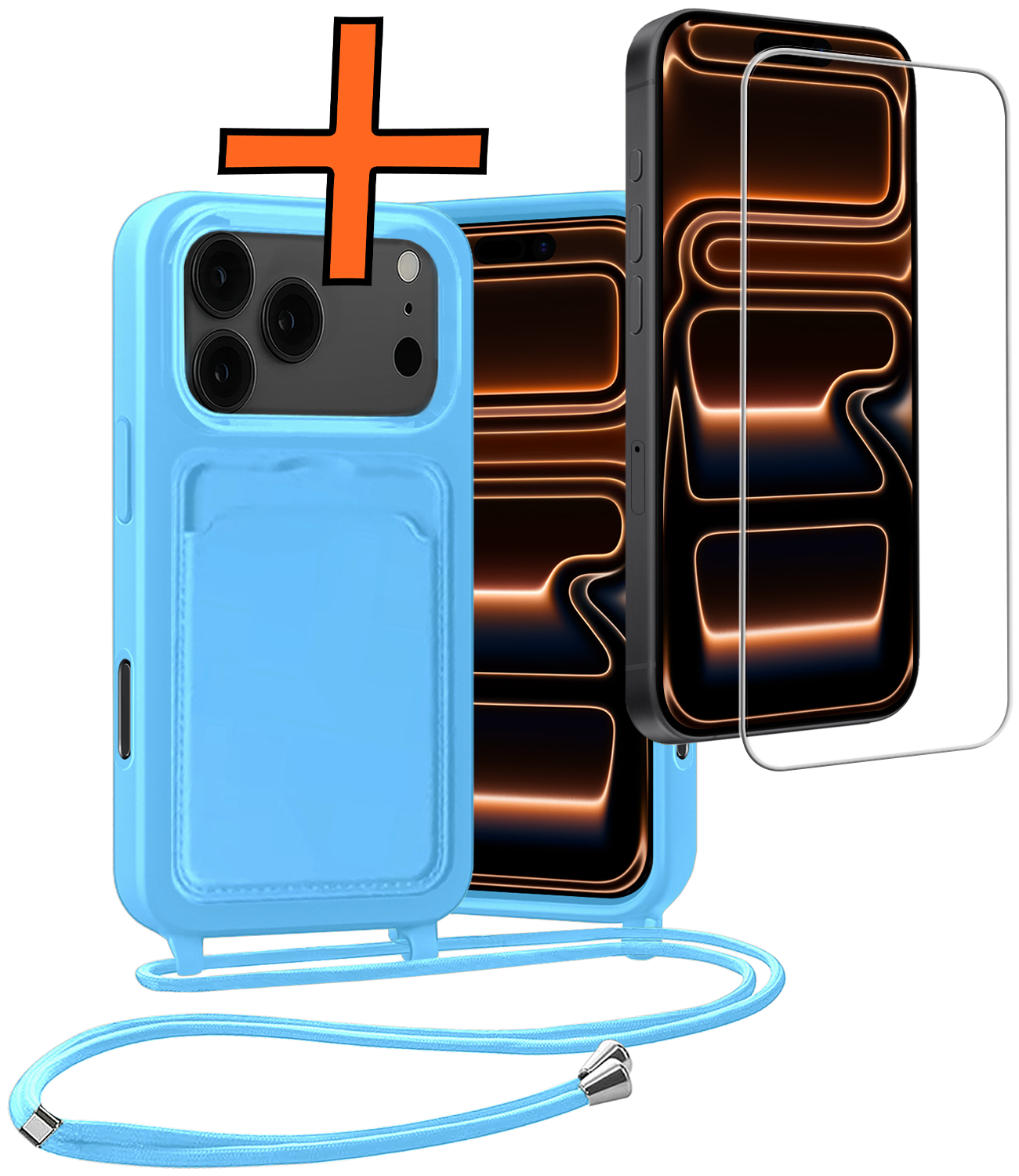 Nomfy Nomfy iPhone 17 Pro Max Hoesje Pashouder met Koord Met Screenprotector - Lichtblauw