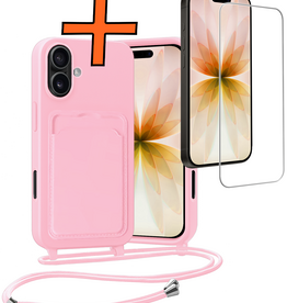 Nomfy Nomfy iPhone 17 Hoesje Pashouder met Koord Met Screenprotector - Lichtroze