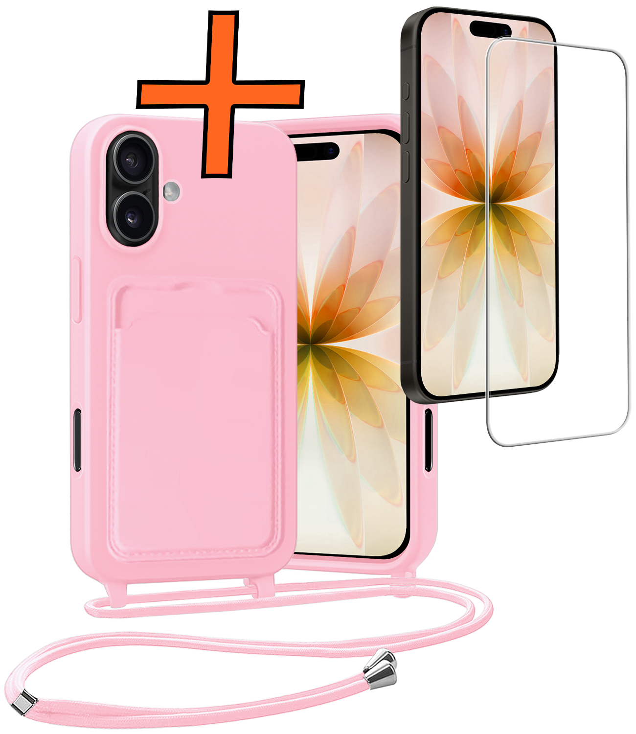 Nomfy Nomfy iPhone 17 Hoesje Pashouder met Koord Met Screenprotector - Lichtroze