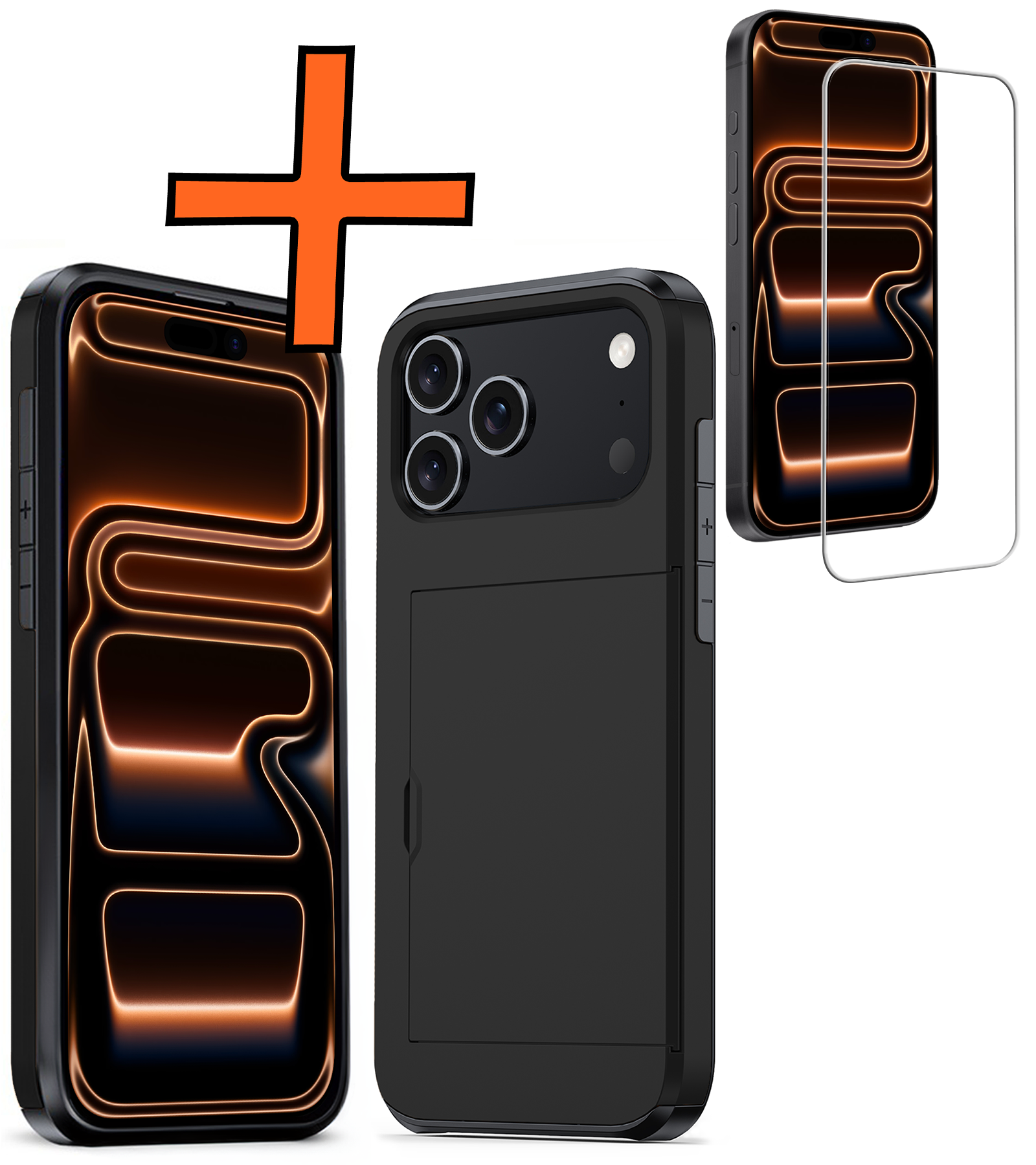 Nomfy Nomfy iPhone 17 Pro Hoesje Pashouder Hard Met Screenprotector - Zwart