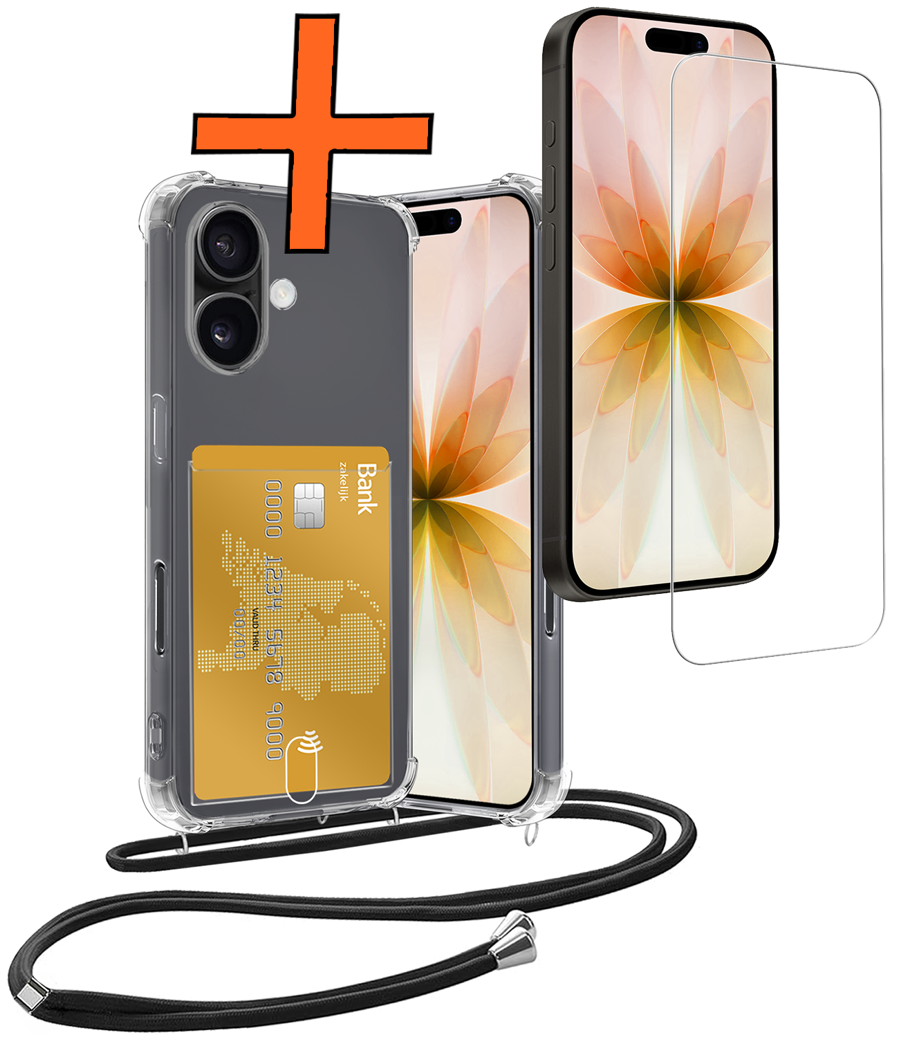 Nomfy Nomfy iPhone 17 Hoesje Pashouder met Koord Met Screenprotector