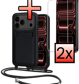 NoXx NoXx iPhone 17 Pro Max Hoesje Pashouder met Koord Met 2x Screenprotector - Zwart