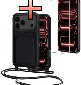 NoXx NoXx iPhone 17 Pro Max Hoesje Pashouder met Koord Met Screenprotector - Zwart