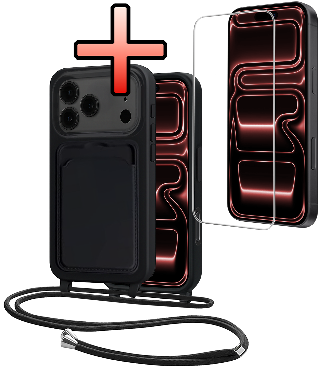 NoXx NoXx iPhone 17 Pro Max Hoesje Pashouder met Koord Met Screenprotector - Zwart