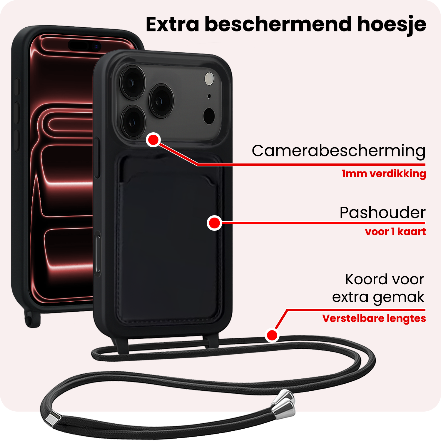 NoXx NoXx iPhone 17 Pro Max Hoesje Pashouder met Koord Met Screenprotector - Zwart