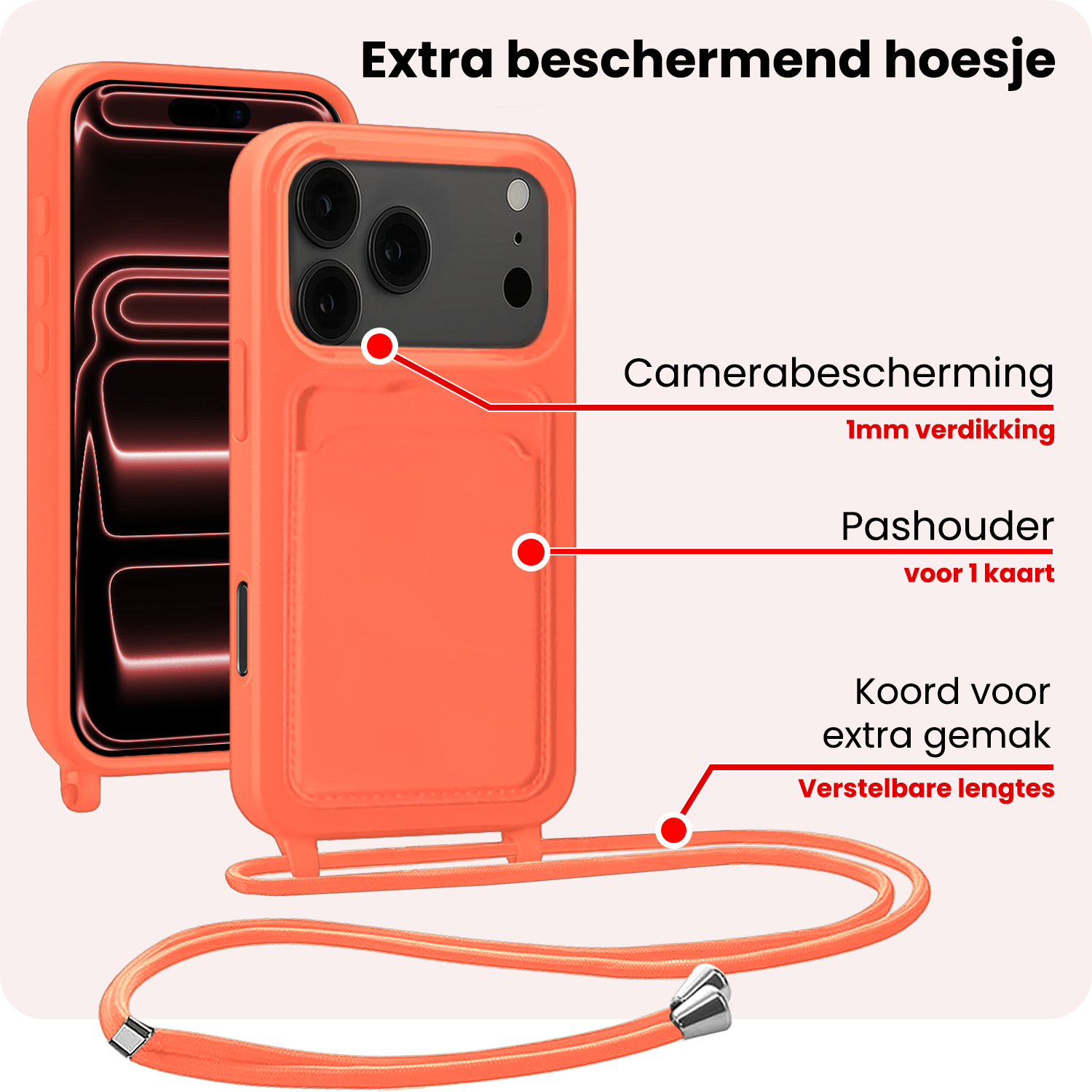 NoXx NoXx iPhone 17 Pro Max Hoesje Pashouder met Koord Met 2x Screenprotector - Papaya