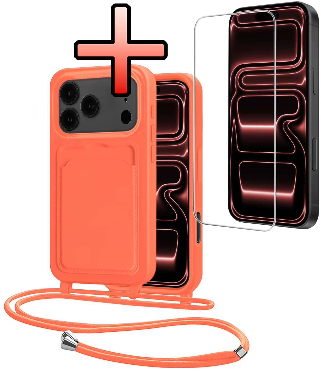 NoXx NoXx iPhone 17 Pro Max Hoesje Pashouder met Koord Met Screenprotector - Papaya