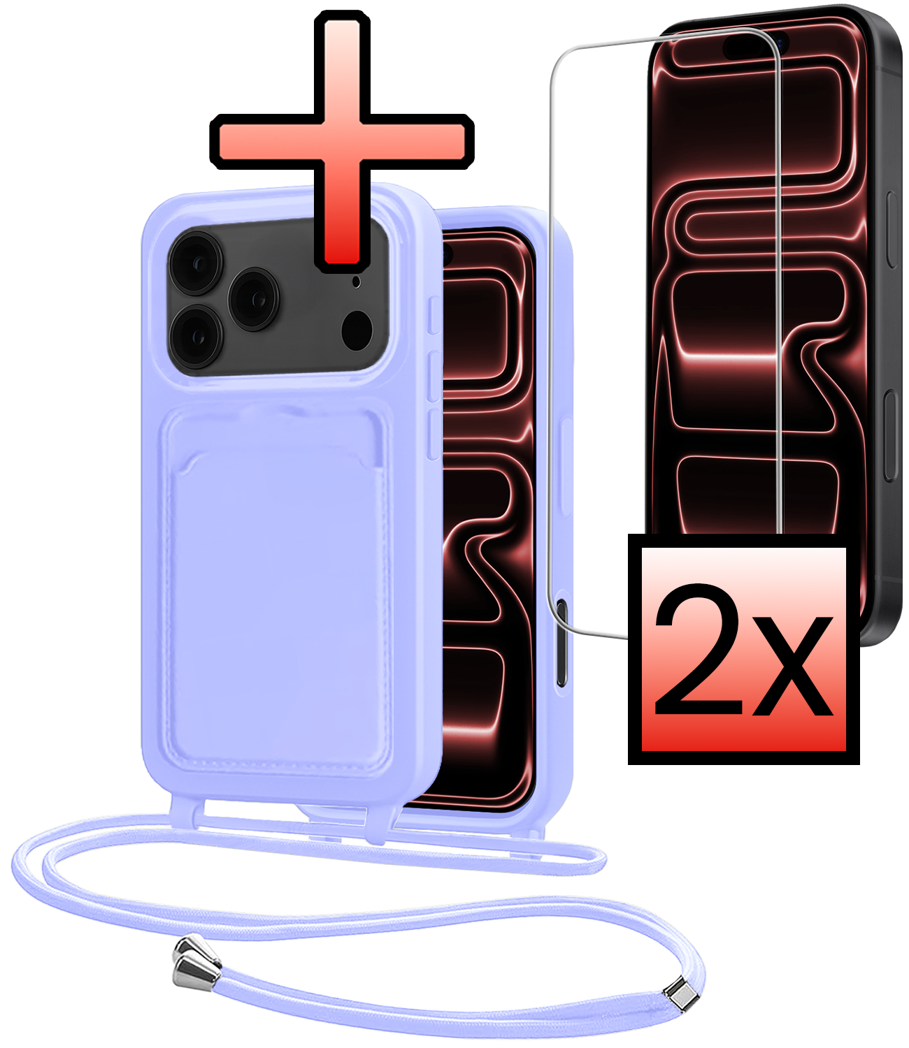 NoXx NoXx iPhone 17 Pro Max Hoesje Pashouder met Koord Met 2x Screenprotector - Lila