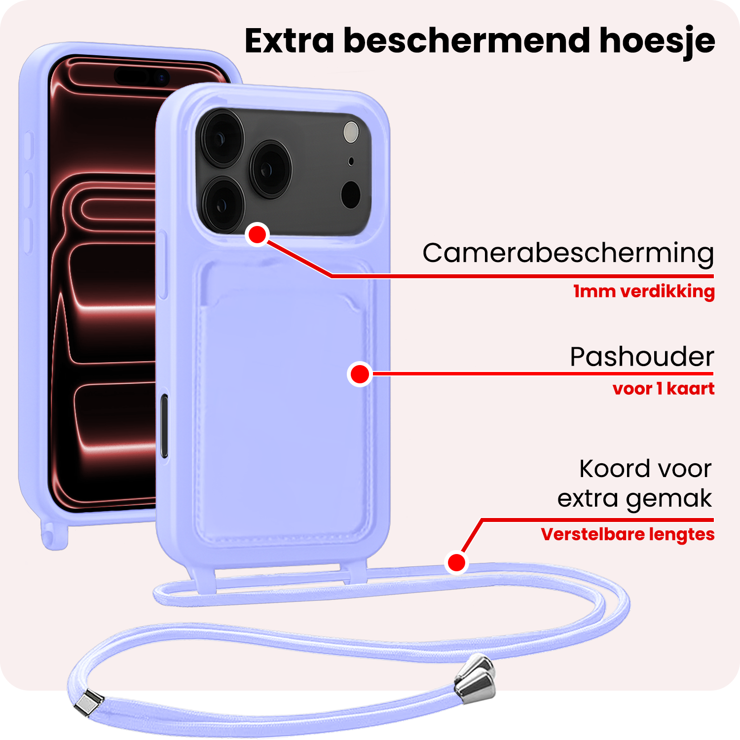 NoXx NoXx iPhone 17 Pro Max Hoesje Pashouder met Koord Met Screenprotector - Lila