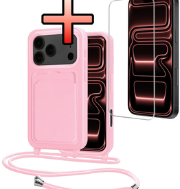 NoXx NoXx iPhone 17 Pro Max Hoesje Pashouder met Koord Met Screenprotector - Lichtroze