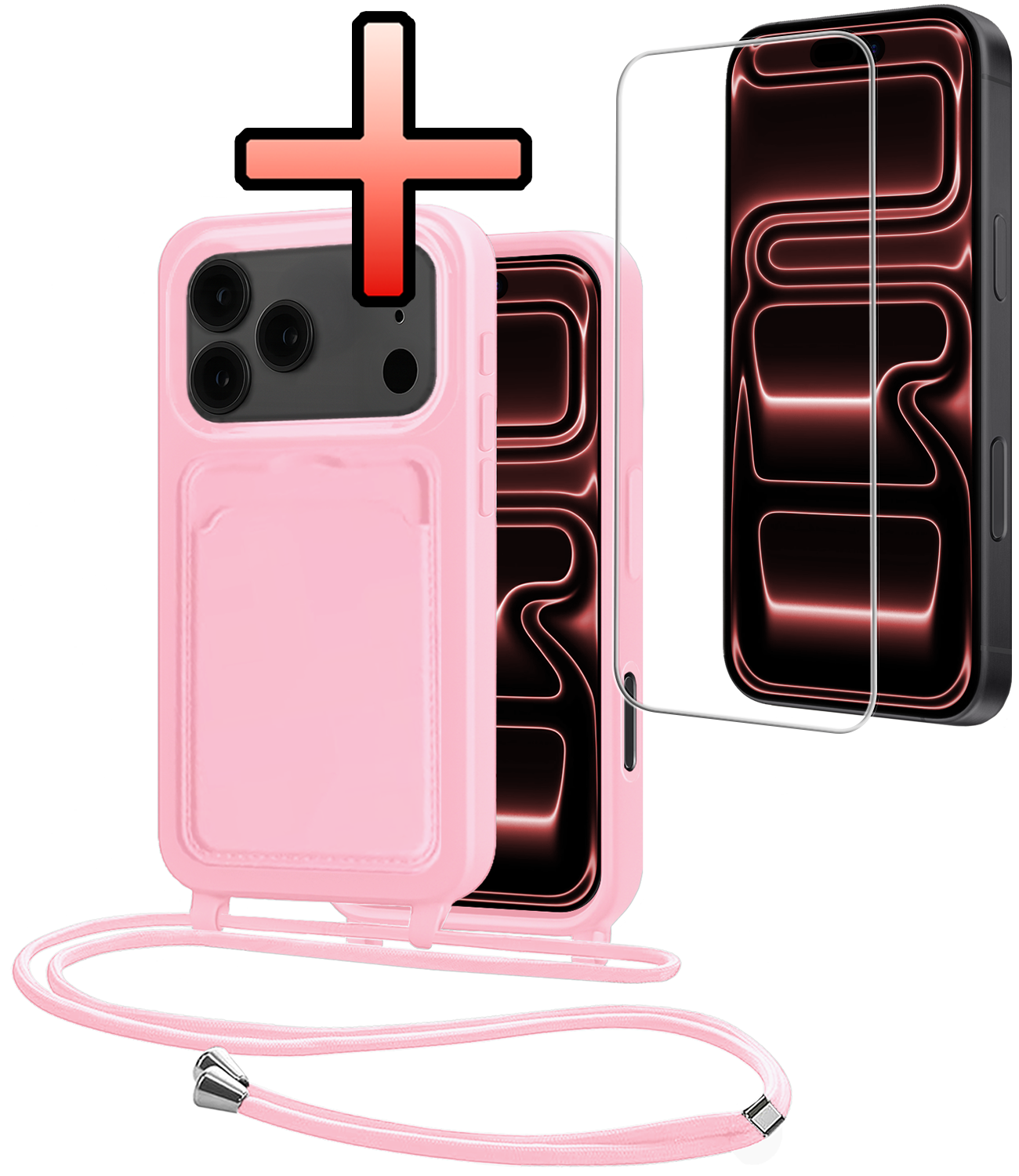 NoXx NoXx iPhone 17 Pro Max Hoesje Pashouder met Koord Met Screenprotector - Lichtroze