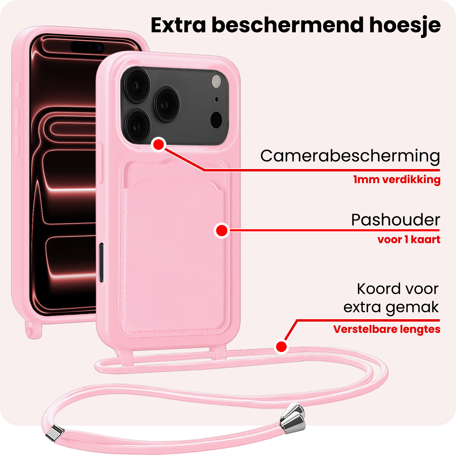 NoXx NoXx iPhone 17 Pro Max Hoesje Pashouder met Koord - Lichtroze - 2 PACK