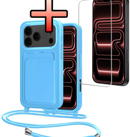 NoXx NoXx iPhone 17 Pro Max Hoesje Pashouder met Koord Met Screenprotector - Lichtblauw
