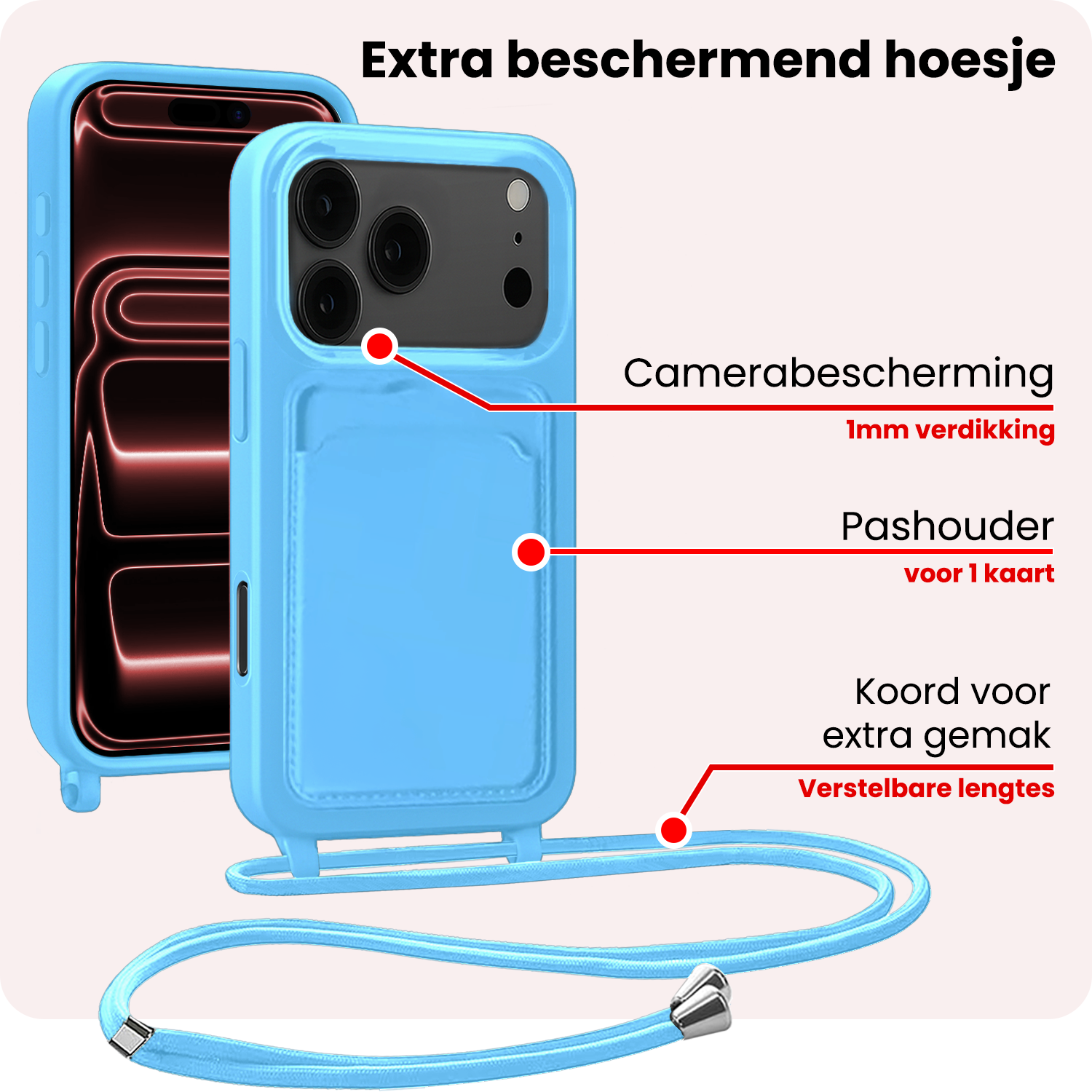NoXx NoXx iPhone 17 Pro Max Hoesje Pashouder met Koord - Lichtblauw - 2 PACK