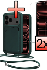 NoXx NoXx iPhone 17 Pro Max Hoesje Pashouder met Koord Met 2x Screenprotector - Donkergroen