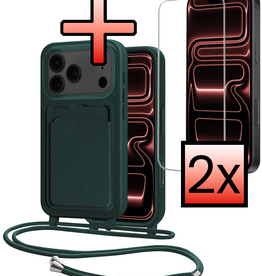 NoXx NoXx iPhone 17 Pro Max Hoesje Pashouder met Koord Met 2x Screenprotector - Donkergroen