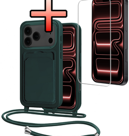 NoXx NoXx iPhone 17 Pro Max Hoesje Pashouder met Koord Met Screenprotector - Donkergroen