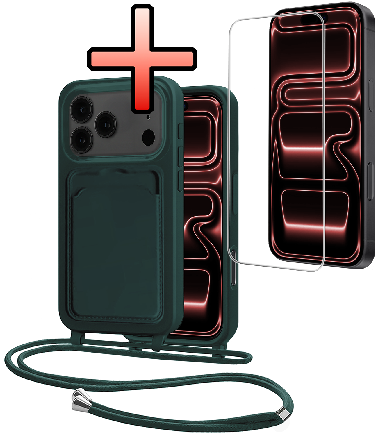 NoXx NoXx iPhone 17 Pro Max Hoesje Pashouder met Koord Met Screenprotector - Donkergroen