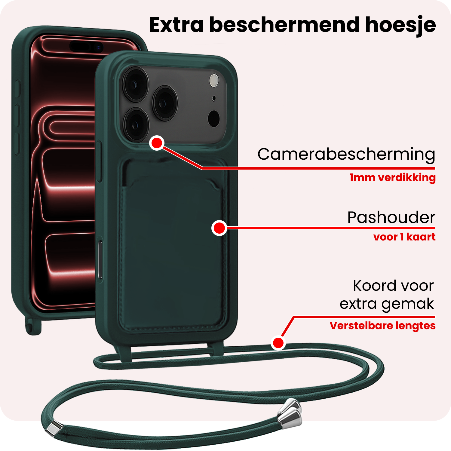 NoXx NoXx iPhone 17 Pro Max Hoesje Pashouder met Koord - Donkergroen