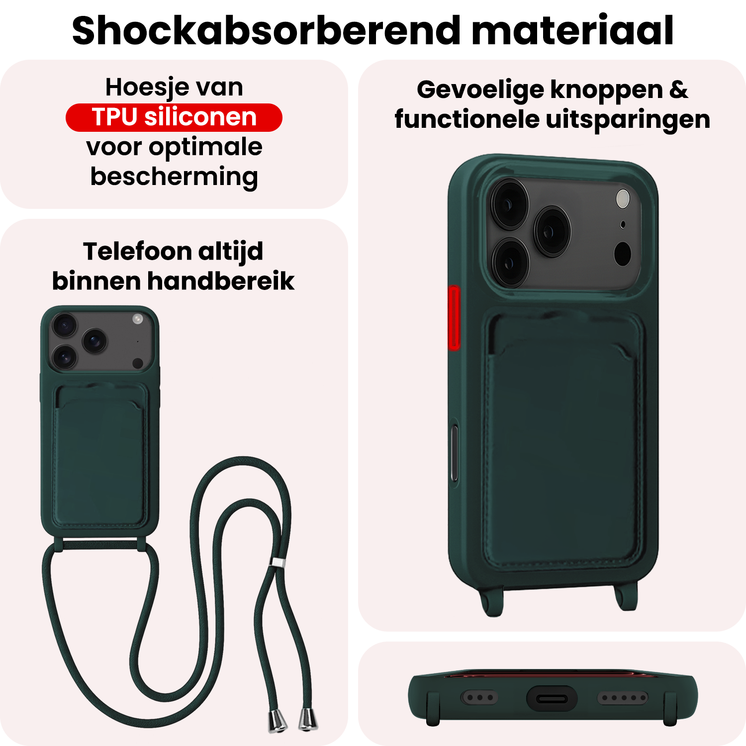 NoXx NoXx iPhone 17 Pro Max Hoesje Pashouder met Koord - Donkergroen