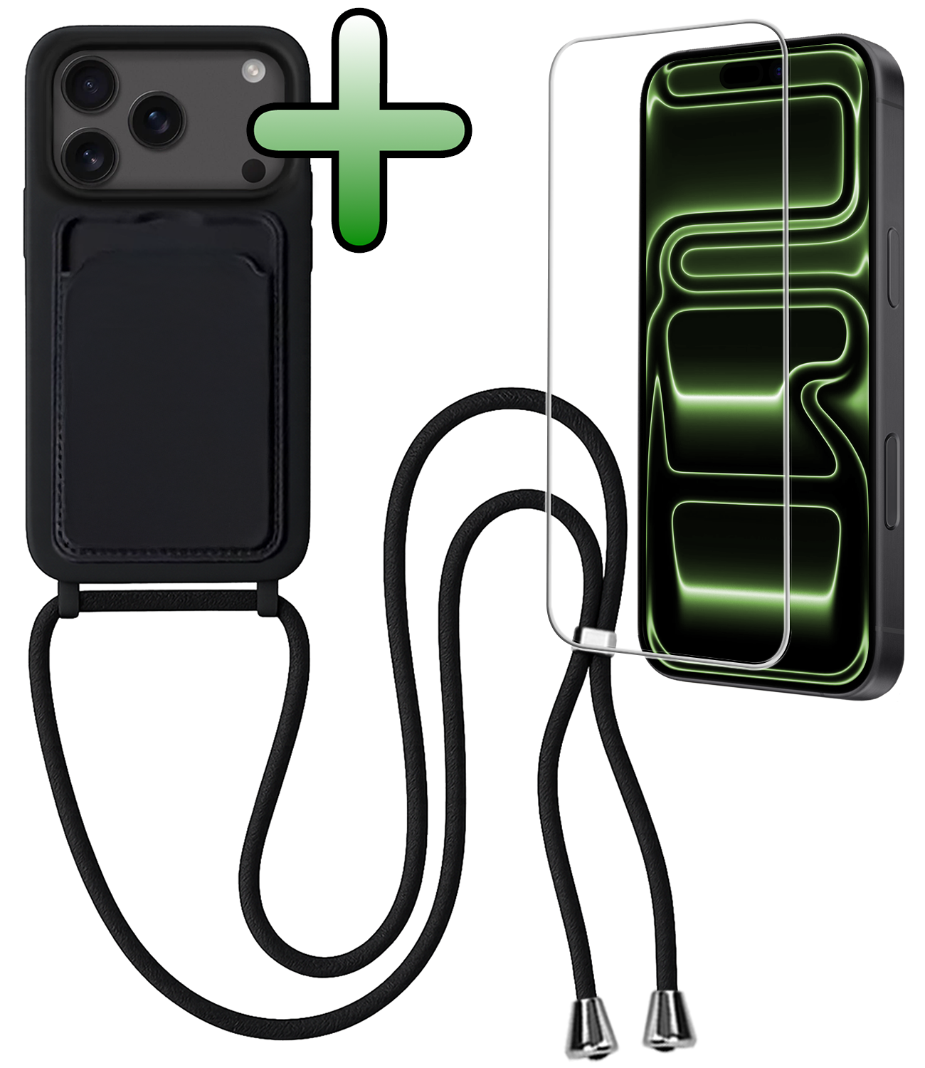 BASEY. BASEY. iPhone 17 Pro Max Hoesje Pashouder met Koord Met Screenprotector - Zwart