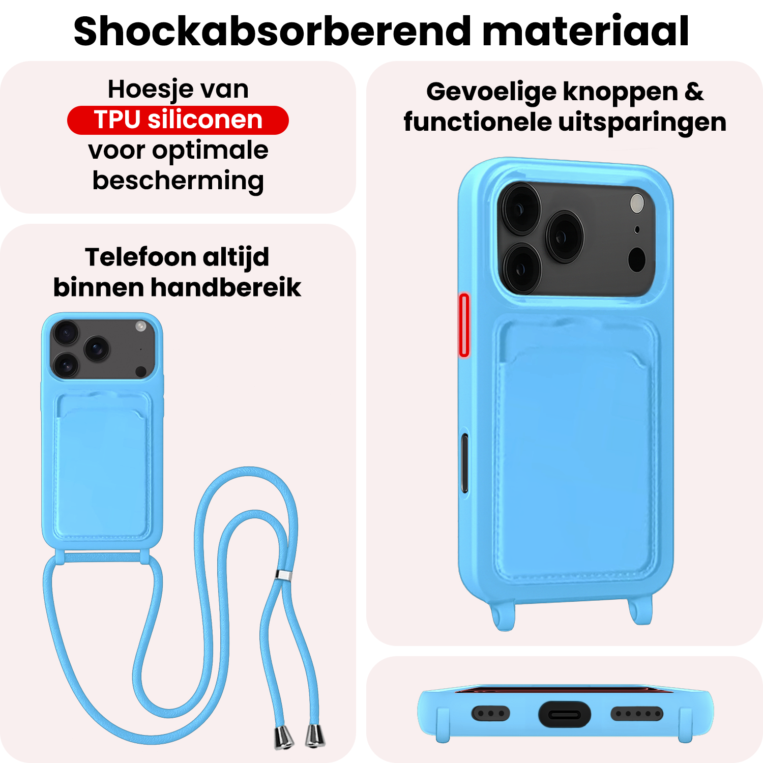 NoXx NoXx iPhone 17 Pro Hoesje Pashouder met Koord Met Screenprotector - Lichtblauw