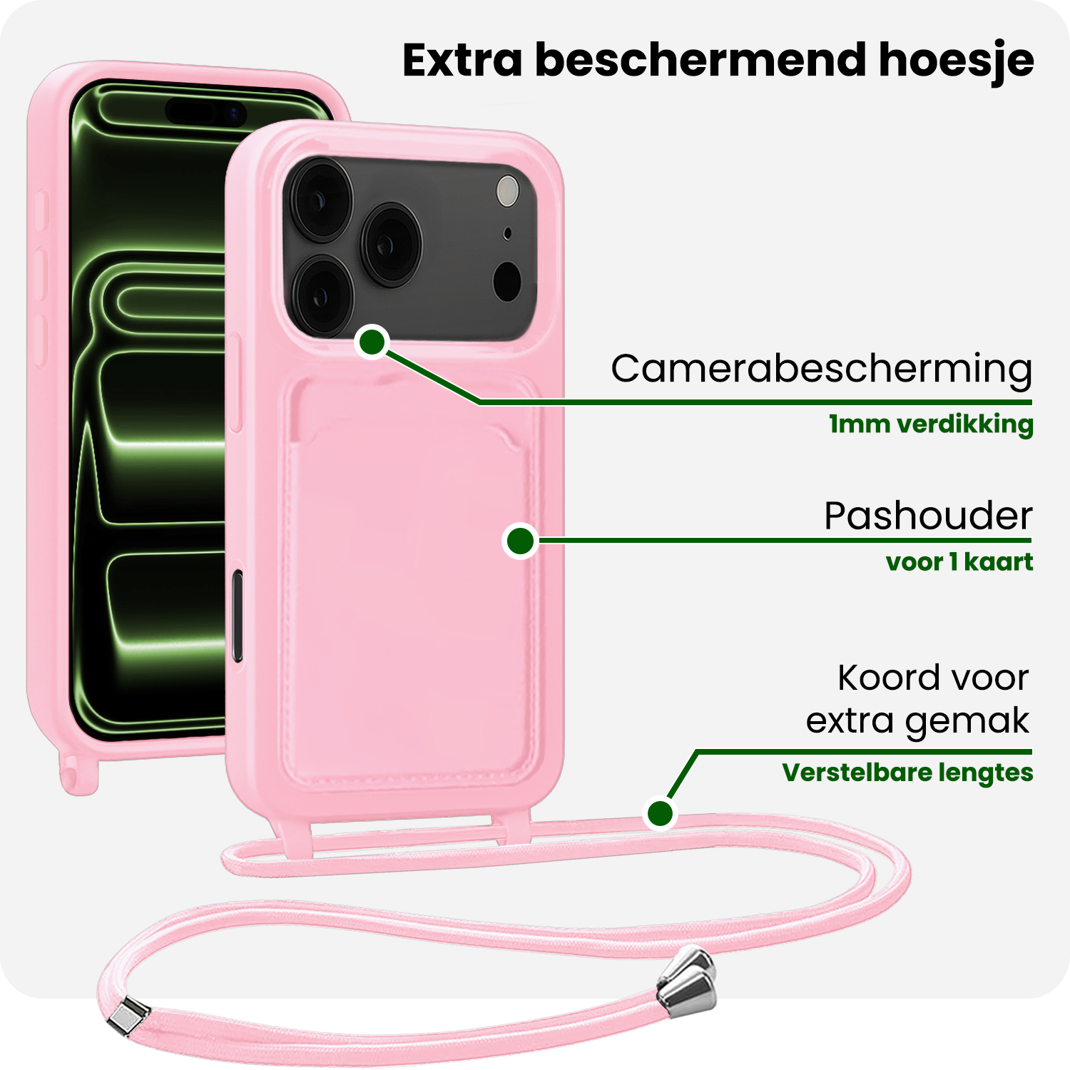 BASEY. BASEY. iPhone 17 Pro Max Hoesje Pashouder met Koord - Lichtroze - 2 PACK