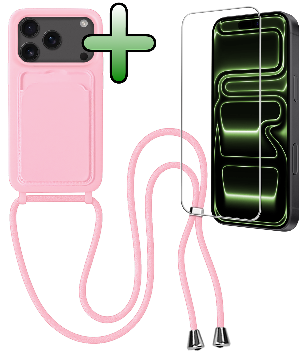BASEY. BASEY. iPhone 17 Pro Max Hoesje Pashouder met Koord Met Screenprotector - Lichtroze