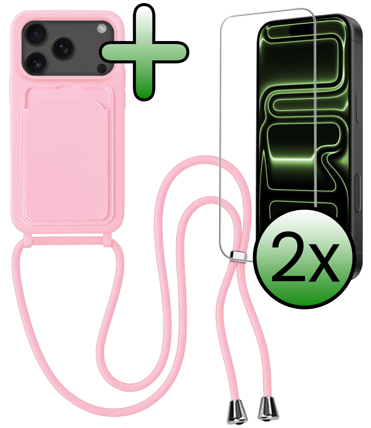 BASEY. BASEY. iPhone 17 Pro Max Hoesje Pashouder met Koord Met 2x Screenprotector - Lichtroze