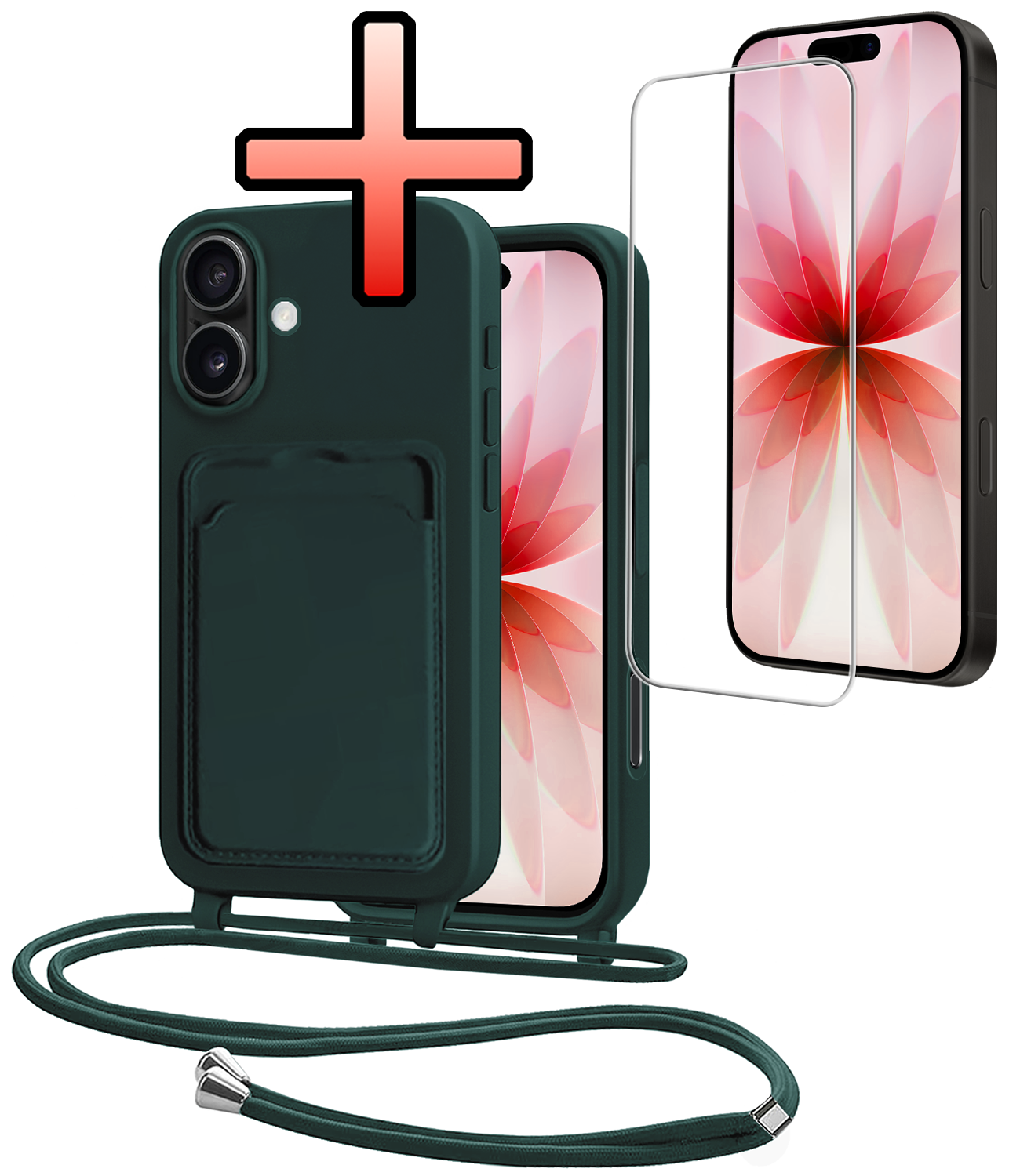 NoXx NoXx iPhone 17 Hoesje Pashouder met Koord Met Screenprotector - Donkergroen