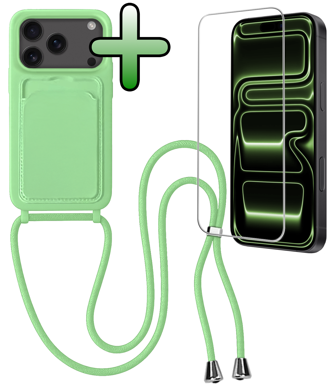 BASEY. BASEY. iPhone 17 Pro Max Hoesje Pashouder met Koord Met Screenprotector - Groen