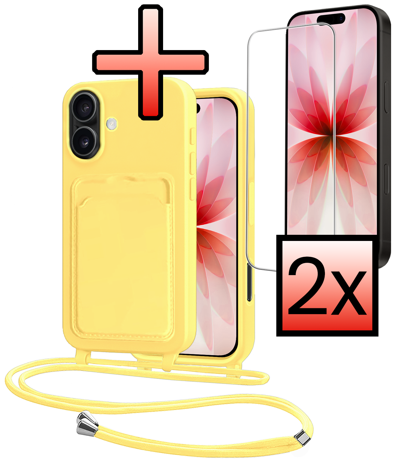 NoXx NoXx iPhone 17 Hoesje Pashouder met Koord Met 2x Screenprotector - Geel