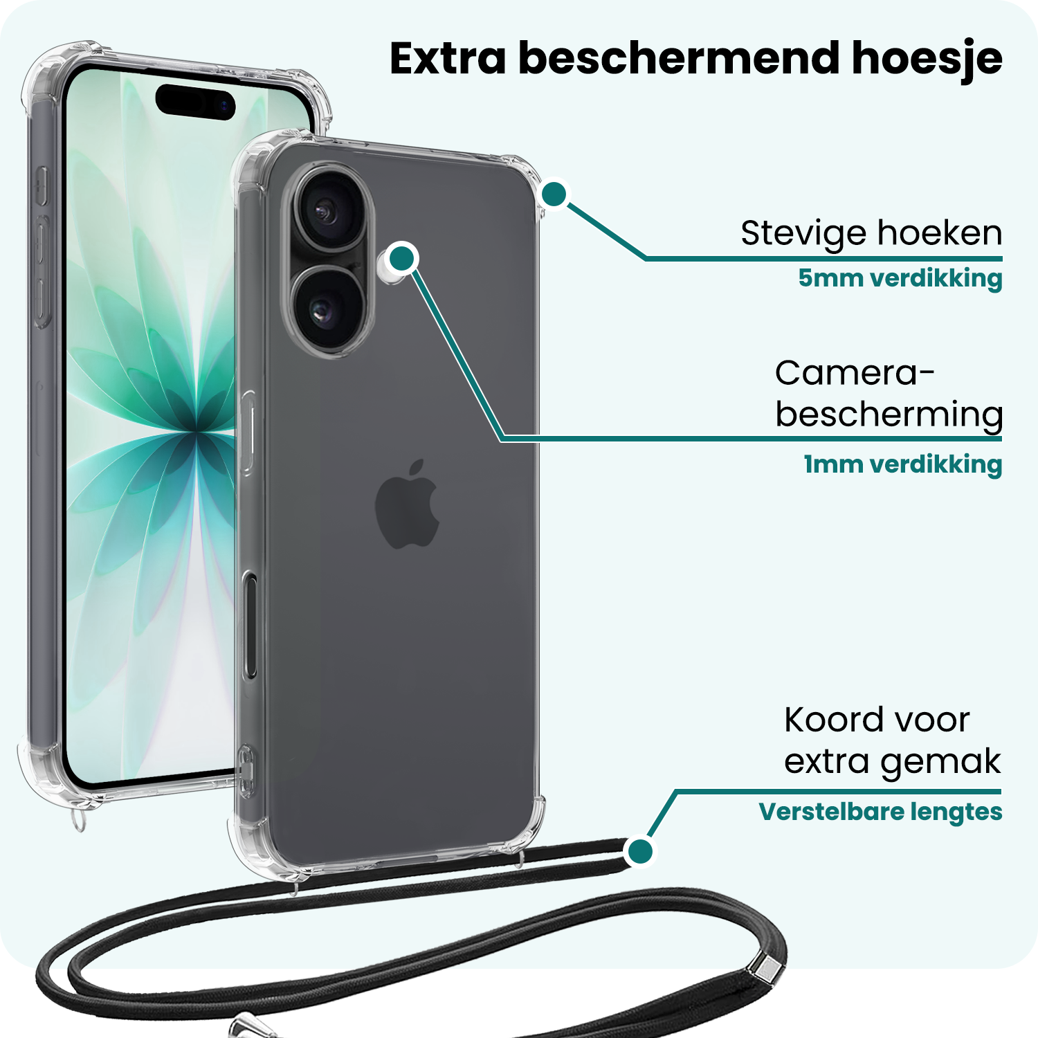 Forterra Forterra iPhone 17 Hoesje Transparant Shockproof Met Zwart Koord