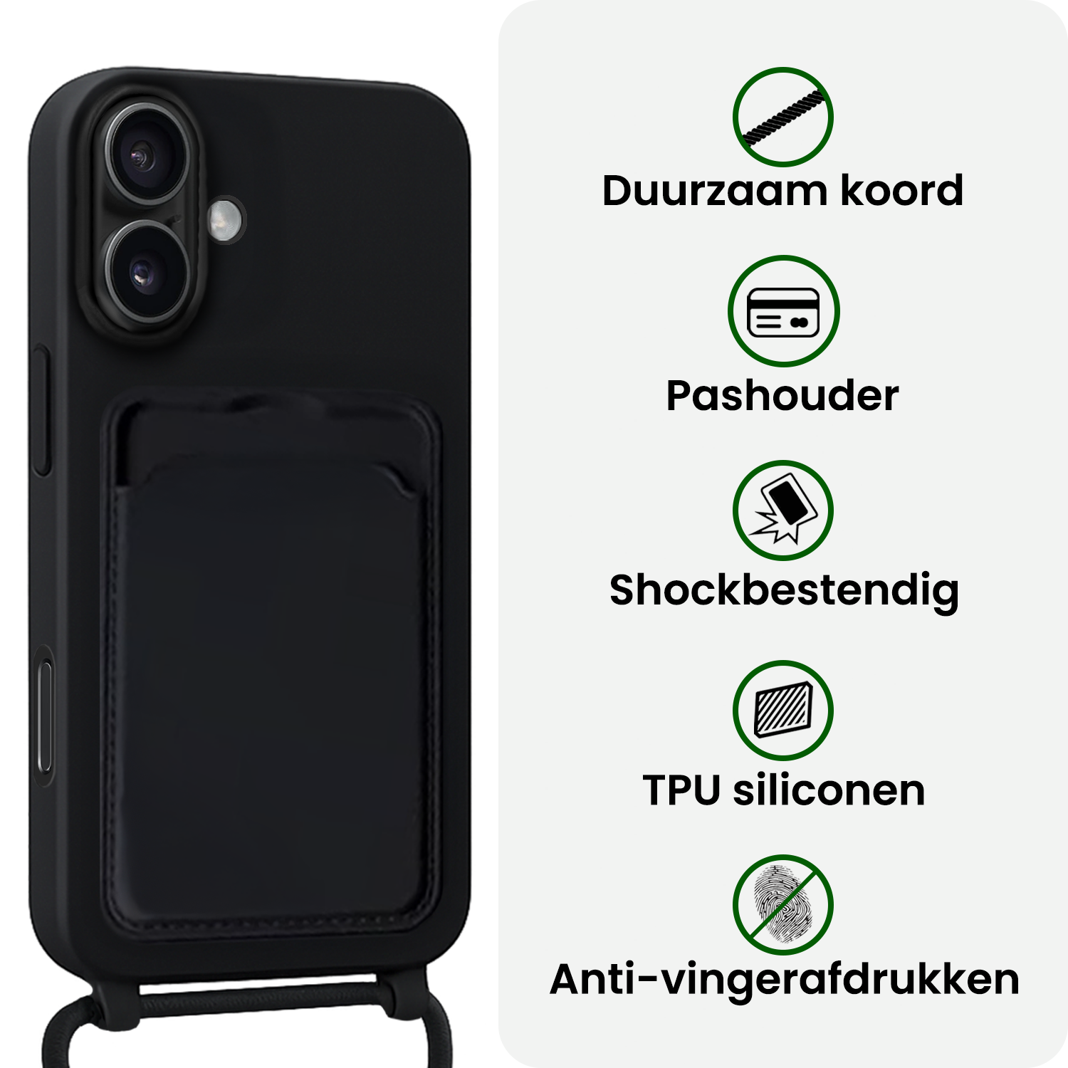 BASEY. BASEY. iPhone 17 Hoesje Pashouder met Koord Met 2x Screenprotector - Zwart