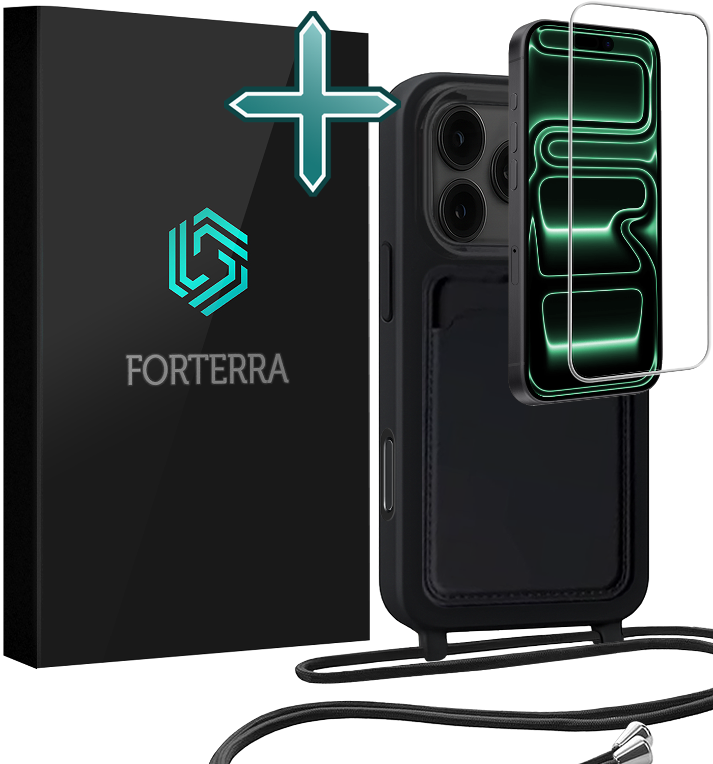Forterra Forterra iPhone 17 Pro Max Hoesje Pashouder met Koord Met Screenprotector - Zwart