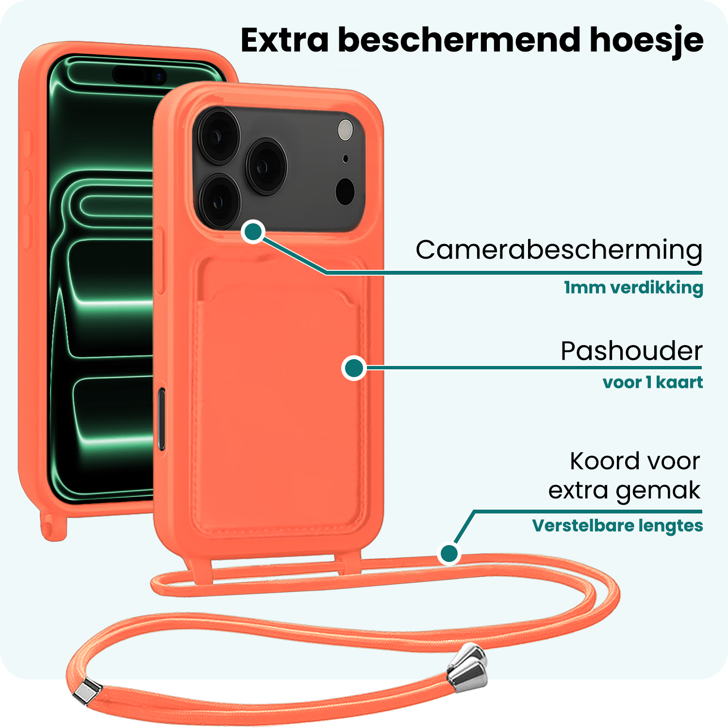 Forterra Forterra iPhone 17 Pro Max Hoesje Pashouder met Koord Met 2x Screenprotector - Papaya