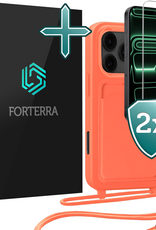 Forterra Forterra iPhone 17 Pro Max Hoesje Pashouder met Koord Met 2x Screenprotector - Papaya