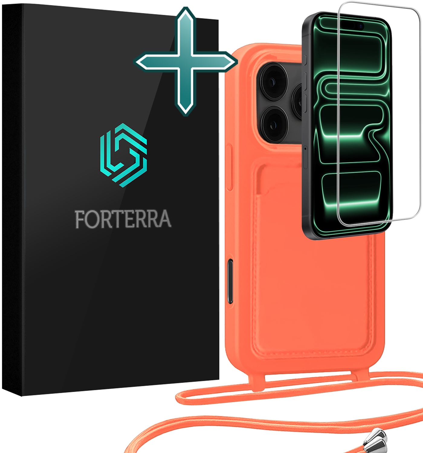 Forterra Forterra iPhone 17 Pro Max Hoesje Pashouder met Koord Met Screenprotector - Papaya