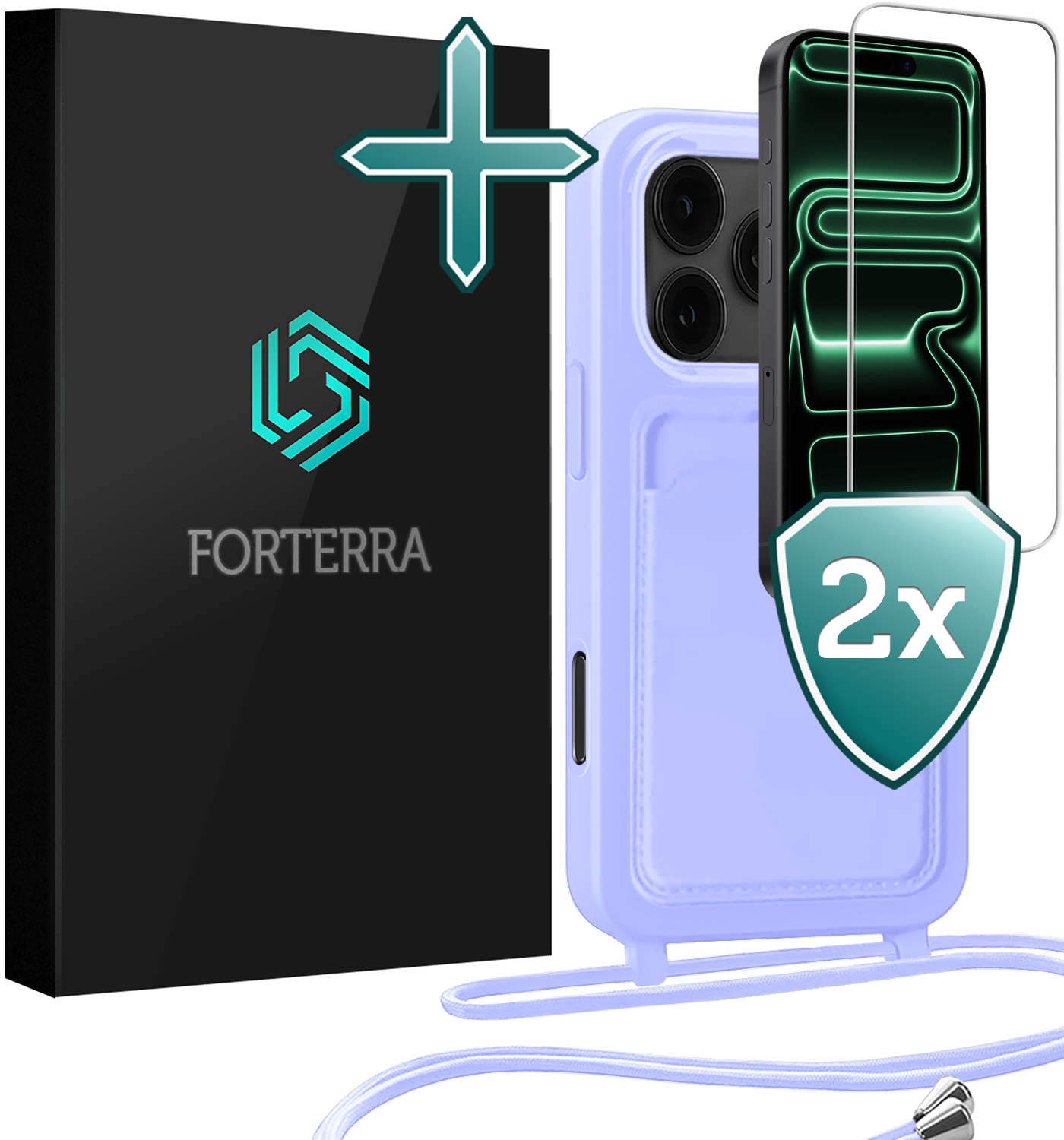 Forterra Forterra iPhone 17 Pro Max Hoesje Pashouder met Koord Met 2x Screenprotector - Lila