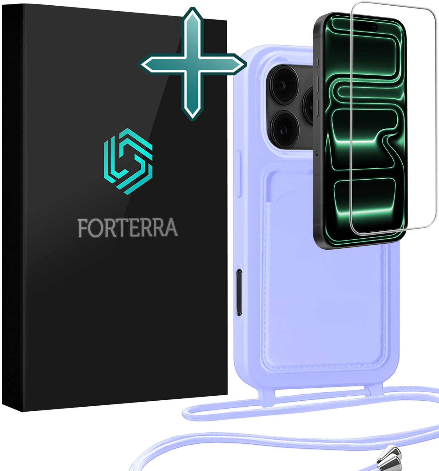 Forterra Forterra iPhone 17 Pro Max Hoesje Pashouder met Koord Met Screenprotector - Lila