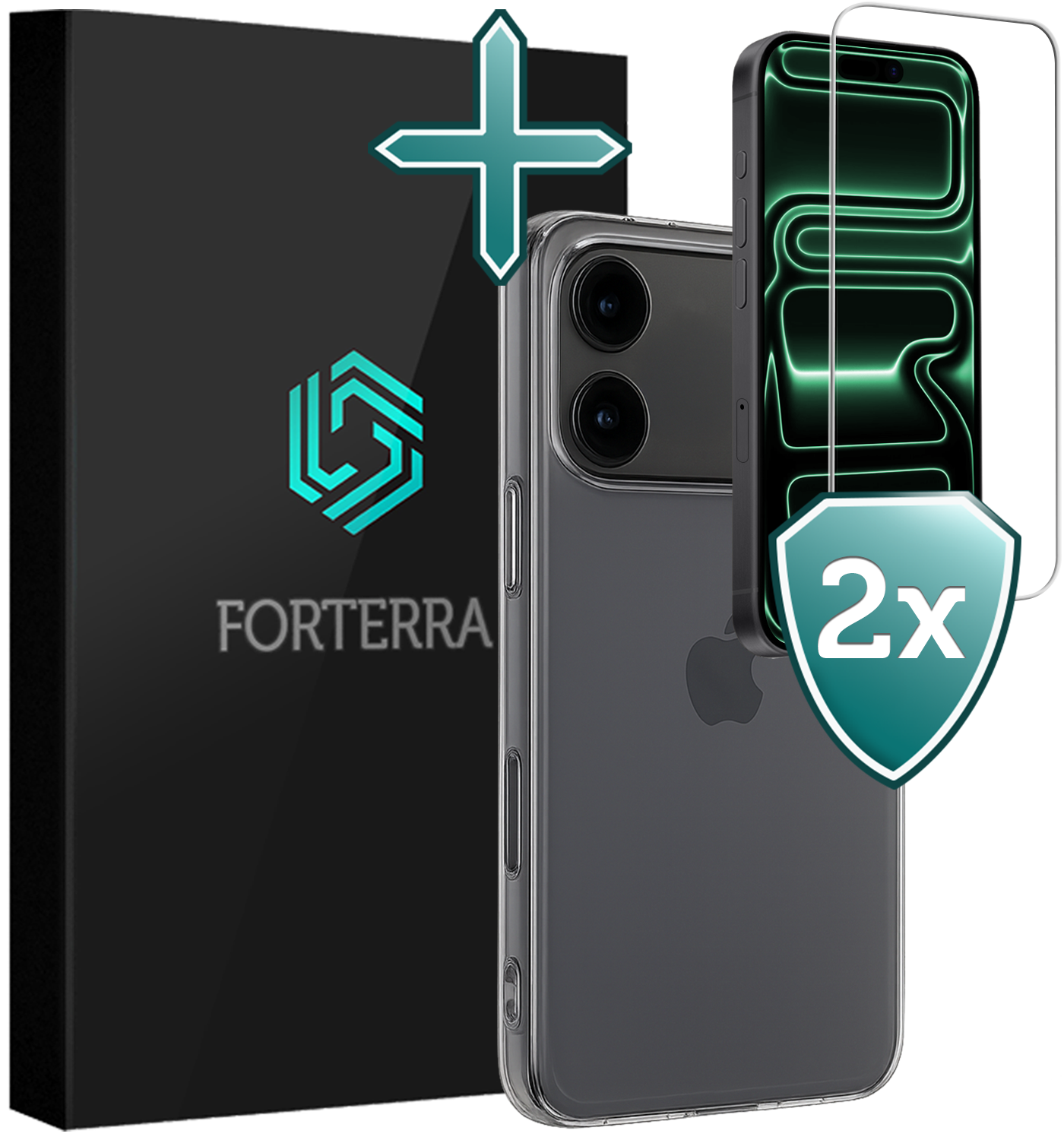 Forterra Forterra iPhone 17 Pro Hoesje Siliconen Met 2x Screenprotector Met Dichte Notch - Transparant