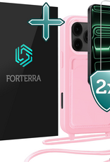 Forterra Forterra iPhone 17 Pro Max Hoesje Pashouder met Koord Met 2x Screenprotector - Lichtroze