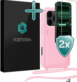 Forterra Forterra iPhone 17 Pro Max Hoesje Pashouder met Koord Met 2x Screenprotector - Lichtroze